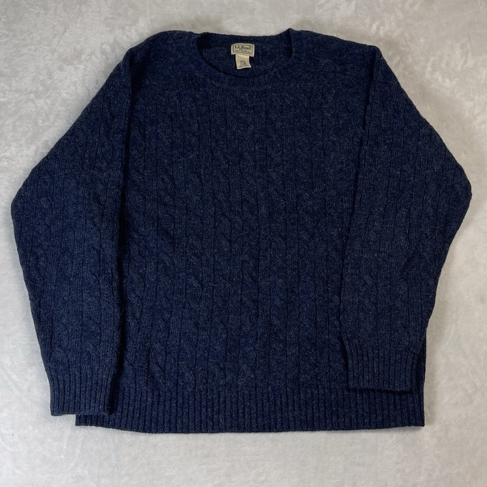 L.L. Bean Men's Sweater Size XL Navy Blue Shetland Wool Cable Knit Fisherman